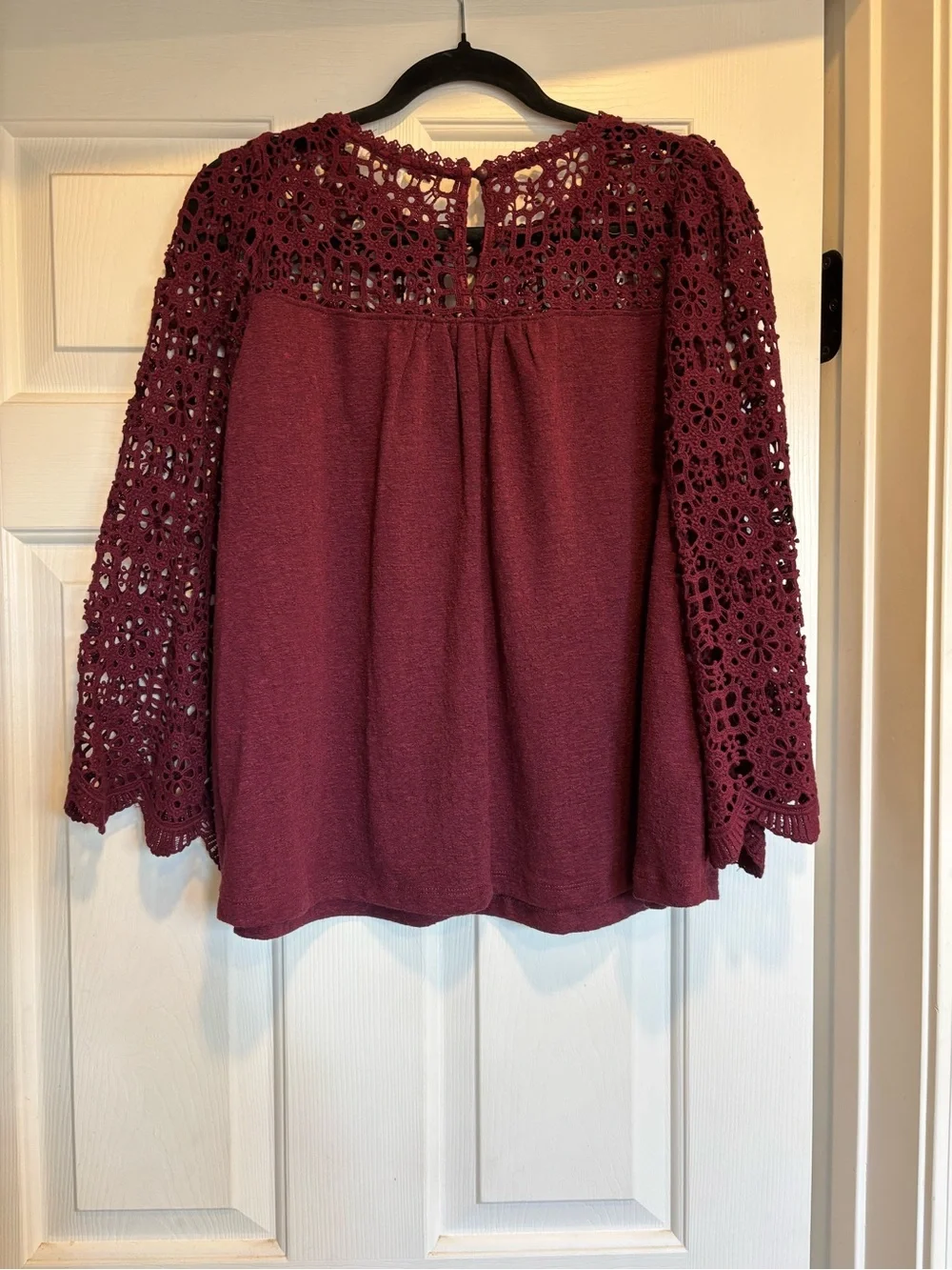 Anthropologie Burgundy Crochet Yoke Long-Sleeve Blouse